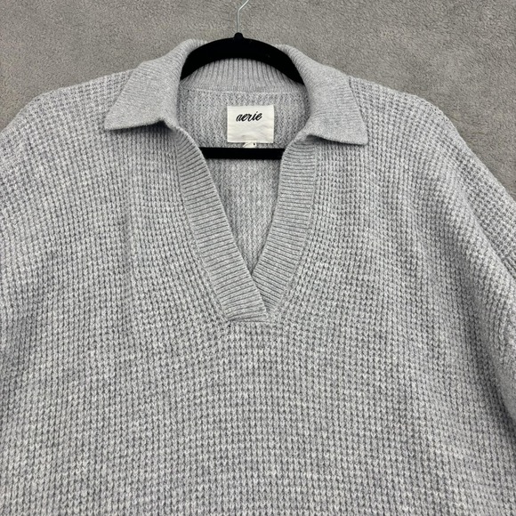 Aerie CozyUp Waffle Knit Polo Sweater‎ Womens XS Gray Relaxed Lagenlook Beachy - Picture 3 of 15